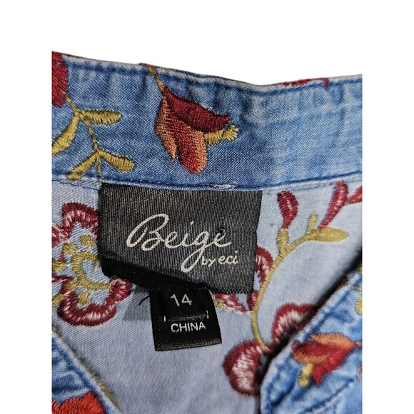 Beige By Eci Blue Denim Dress 14 Chambray Floral Embroidered V-neck Sleeveless - Picture 2 of 11